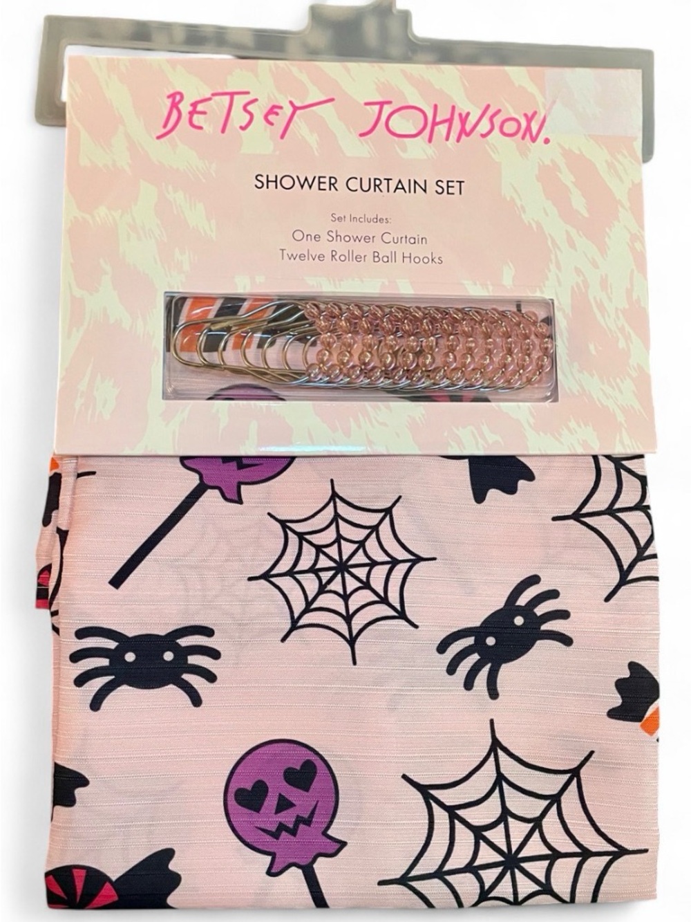 NWT Betsey Johnson Pink Halloween Spooky Spider & Candy Shower Curtain Set